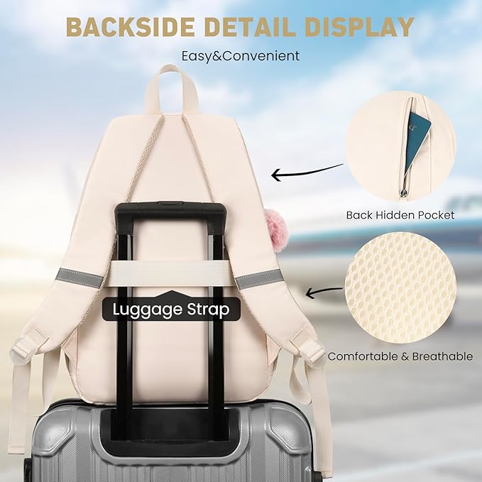 School Backpack for Teen Girls, Cute College Backpacks for Women Students Aesthetic Bookbag Large 15.6 Inch Laptop Bag Middle School Travel Back Pack (Beige)