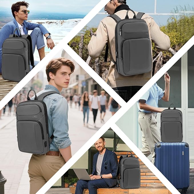 Backpack for Men Slim & Expandable Travel Laptop Backpack with USB Charging Port Water Resistant Anti-Theft Business Backpack Fits 15.6In Laptop for Commute Work College with Small Bag(Simple Gray)