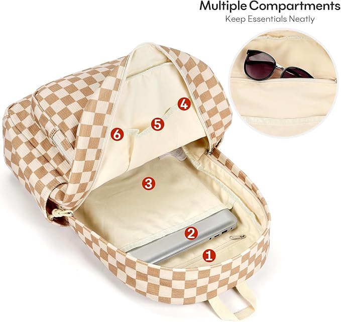 mibasies School Backpack for Girls with Laptop Sleeve: 18IN Large Capacity Corduroy Bookbag for Primary Middle School/College, Travel Daypack for Teens Women - Brown Checkered