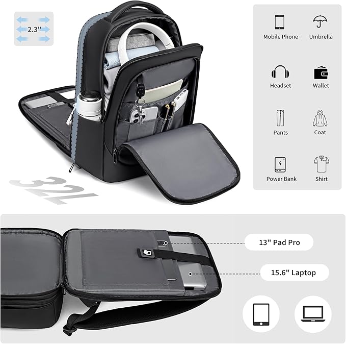 FENRUIEN Expandable Laptop Backpack for Men, 15.6 Inch USB Charging Work Backpack for Business/Commute/Travel