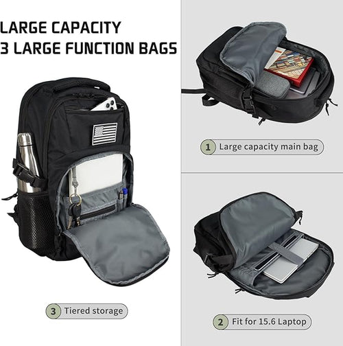 15.6'' Travel Laptop Backpack for Men, 30L Tactical College Backpacks with Water Pouches Both Sides, Portable Backpack for Men Women Business Work Bag Fight Approved, Black Backpack