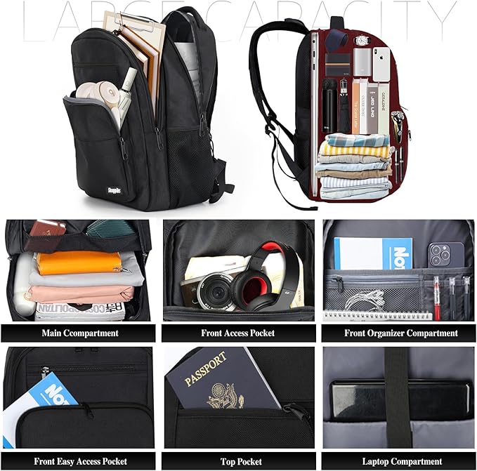 Backpack for Women Men, School Backpack for Boys Girls Teens, 17.3 Inch Laptop Backpack with Reinforced Straps, College Middle High School Bookbag, Water Resistent Business Mochila para hombre, Black