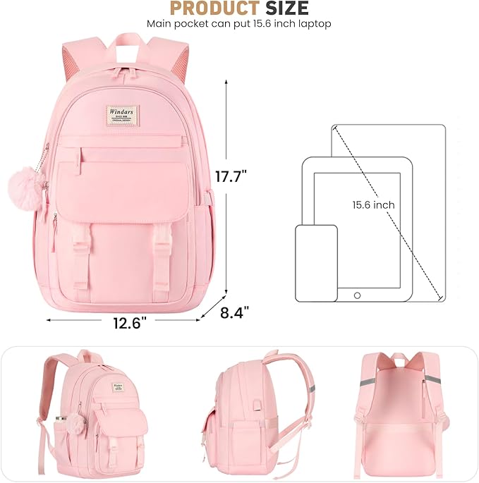 School Backpack for Teen Girls, Cute College Backpacks for Women Students Aesthetic Bookbag Large 15.6 Inch Laptop Bag Middle School Travel Back Pack (Pink)