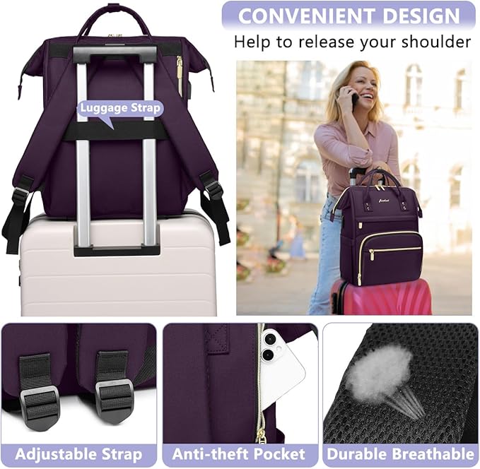 Laptop Backpack for Women Work Bags - 15.6 Inch Professional Womens Travel Backpack Purse Computer Laptop Bag Nurse Teacher Backpack Waterproof Carry on Back Pack with USB Port Dark Purple