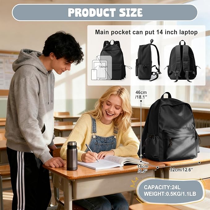 VECAVE School Backpack Black Waterproof Bookbag Casual Lightweight Travel Rucksack Daypack Backpacks for Men Women College High School Bags backpack for Boys Girls Teens