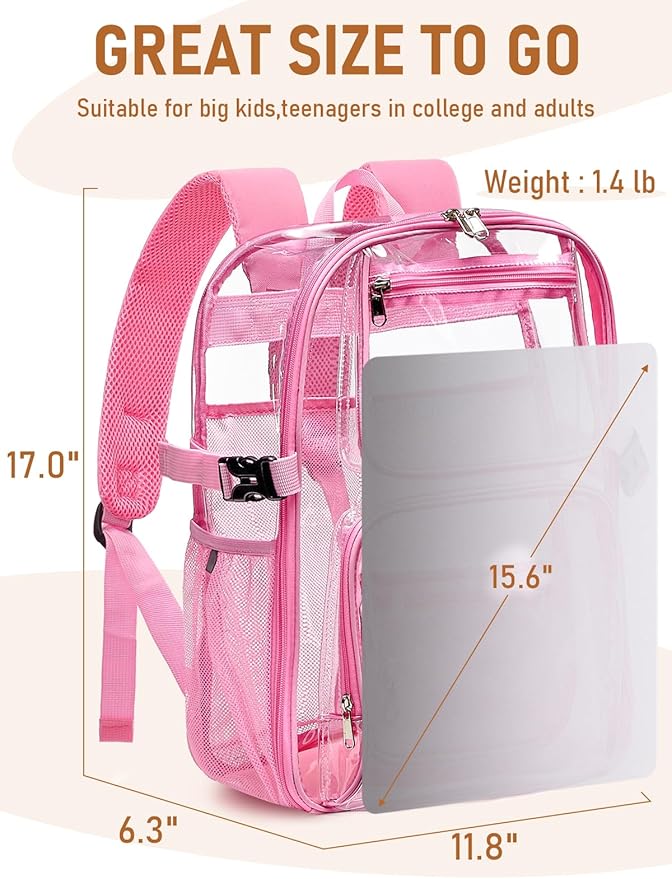 Large Clear Backpack Heavy Duty, 17 inch Clear Bookbag for Boys Girls Women Men, See Through Transparent Backpack With All-Around Reflective Strips for College Work Travel,Pink