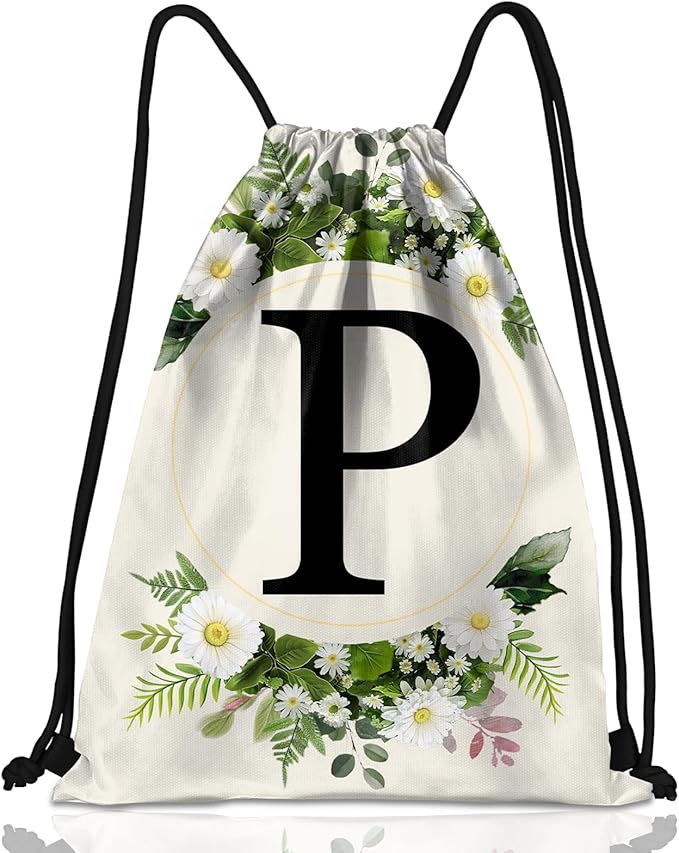 Initial Letter Drawstring Backpack String Sports Gym Bags Waterproof Sackpack Cute for Men Women Beach (13"×17") (Letter-P)