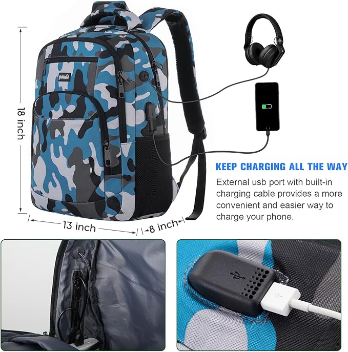 Backpack for Men,College Backpack School Bookbag for Teens,Laptop Bookbag with USB Port and Headphone Hole,Camouflage Blue