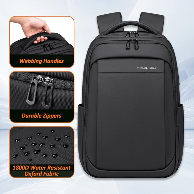 FENRUIEN Expandable Travel Backpack for Men, Water Resistant Computer Backpack with USB Charging Port，Black Laptop Bag 17.3 Inch
