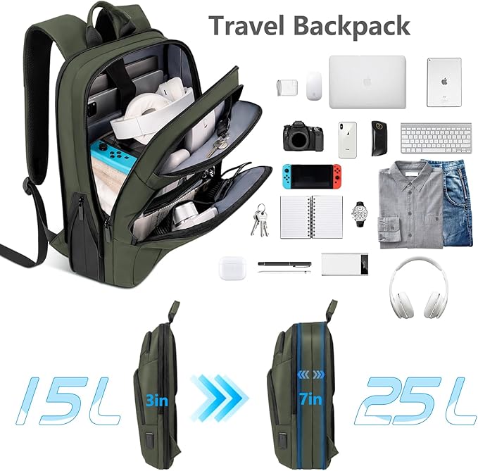 Backpack for Men Slim & Expandable Travel Laptop Backpack with USB Charging Port Water Resistant Anti-Theft Business Backpack Fits 15.6In Laptop for Commute Work College with Small Bag(Olive Green)