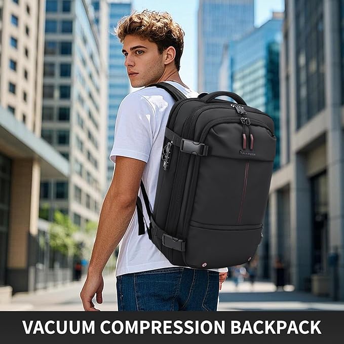 Travel Backpack with Vacuum System,60L Expandable Vacuum Backpack Travel with Built-in Pump,17.3 inch Laptop Backpacks Carry On Backpack with TSA Lock(Black,Built-in Air Pump)