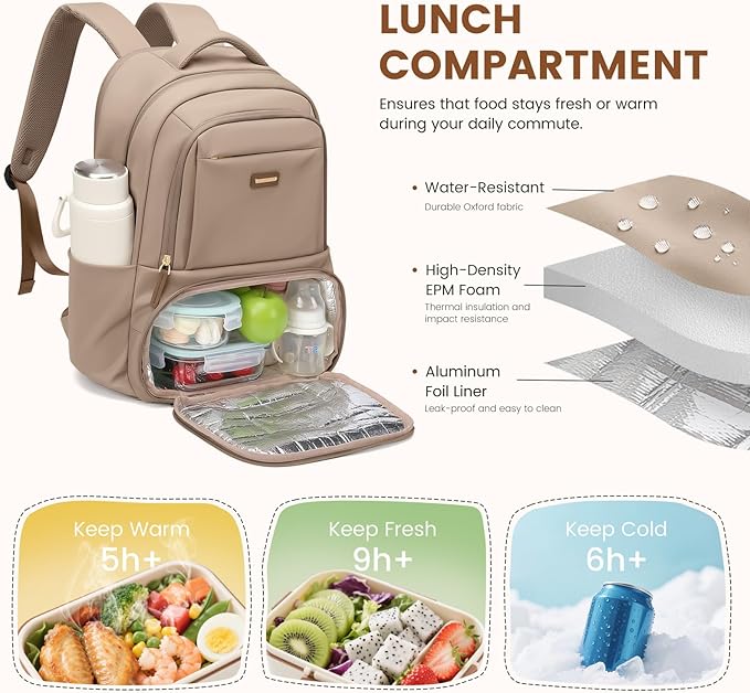 Lunch Backpack 16 Inch Laptop Backpack with Insulated Cooler Lunch Box Food Bag for College Work Camping Picnics (Champagne)