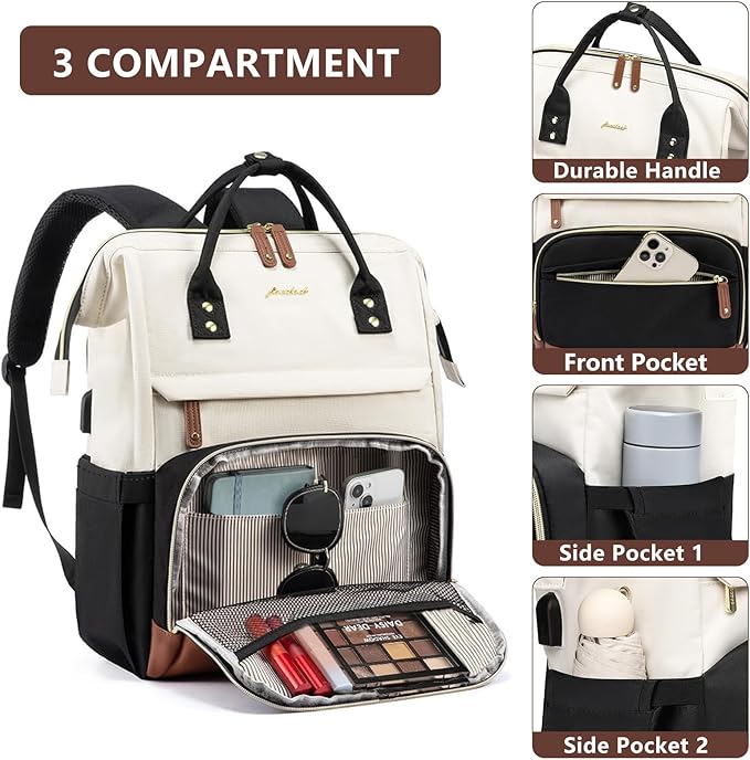 Laptop Backpack for Women, 17 Inch Work Business Backpacks Purse with USB Port, Large Capacity Doctor Nurse Bag Backbag, Waterproof Casual Daypack for Travel,Black-White-Brown