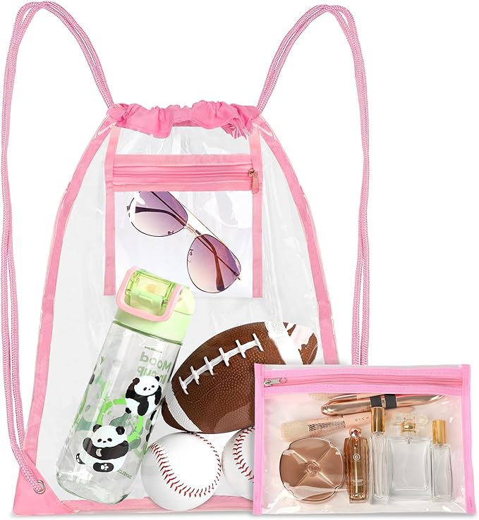 Clear Drawstring Bags, Transparent Storage Backpack for Stadium Approved,2 pieces, Concert Baseball Festival Beach Makeup Bag (1, Pink)