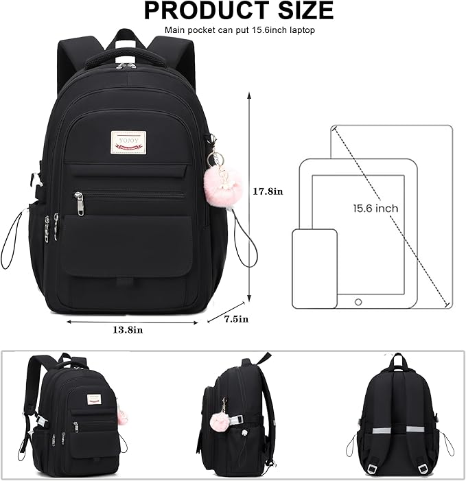 Laptop Backpack 15.6 Inch College Backpacks for Women, School Backpack for Girls,Students Aesthetic Anti Theft Travel Daypack Large Bookbags Middle High School Back Pack(Black)