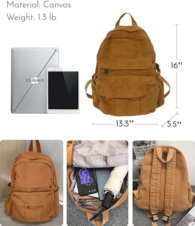 Light Brown Canvas Backpack for Women & Men Retro Aesthetic Rucksack Basic Backpack for High School/College Students Travel Laptop Bag