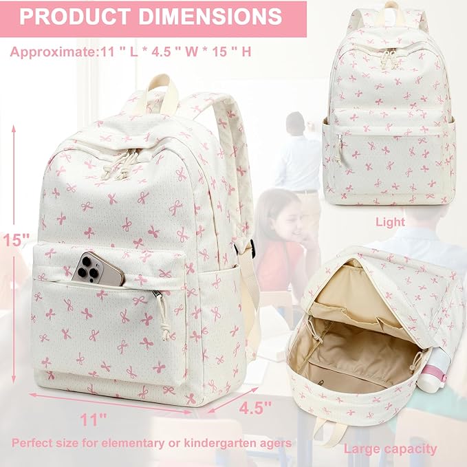 LEDAOU Backpack for Girls Kids Backpack with Lunch Box Preschool Kindergarten Elementary BookBag Primary School Bag Set (Pink bow)