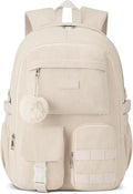 School Backpack for Teens Girls, Large Corduroy Bookbag Lightweight 15.6 inch Laptop Bag for Women Elementary Middle High School College Backpacks Students Travel Daypack - Beige
