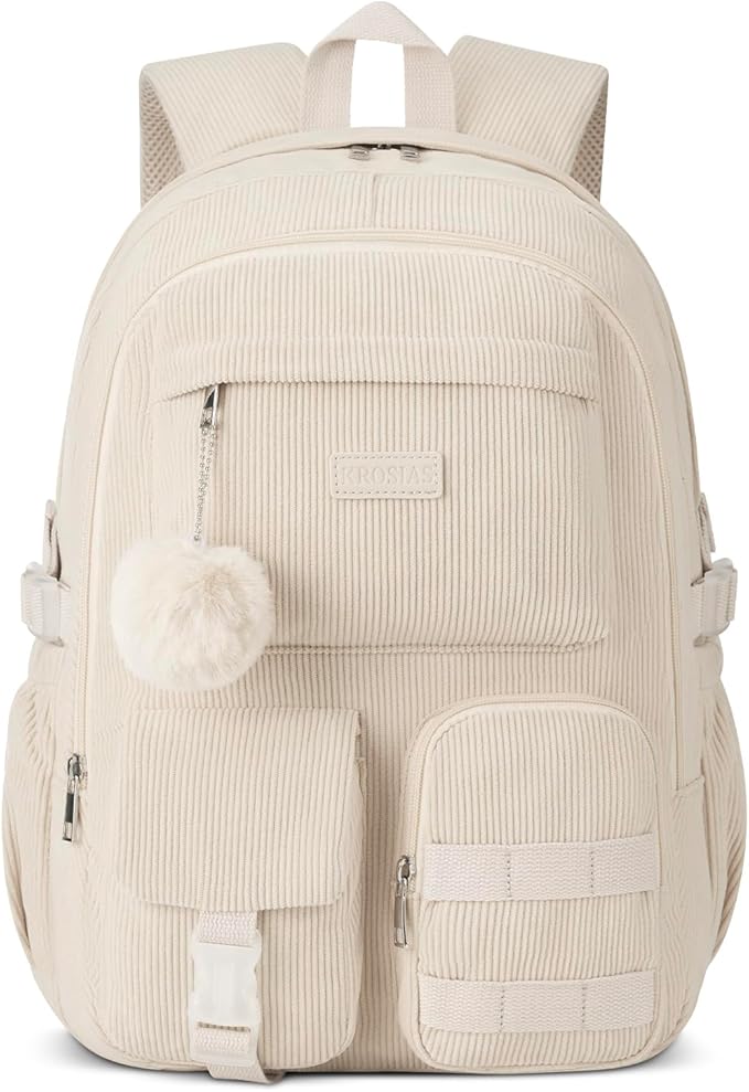 School Backpack for Teens Girls, Large Corduroy Bookbag Lightweight 15.6 inch Laptop Bag for Women Elementary Middle High School College Backpacks Students Travel Daypack - Beige