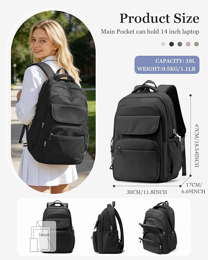 Black School Backpack for Women Men Cute Backpack for College Students Lightweight High School bag for Teens Girls Boys Waterproof Casual Daypacks Bookbag