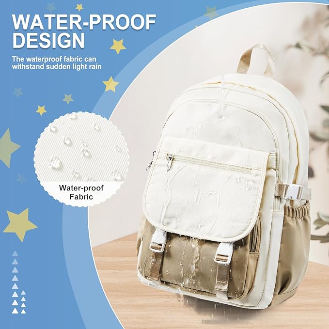 Lightweight Waterproof Backpack for Women Men Large Capacity College School Bag with Luggage Straps Multiple Pockets Durable High School Bookbag, Casual Daypacks for Students Girls Boys(Beige & khaki)