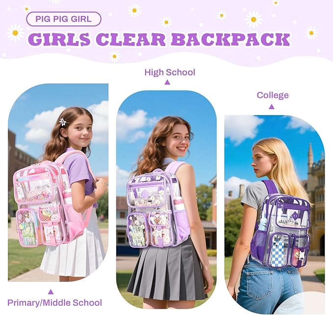 Clear Backpack for School,Heavy Duty PVC Transparent Bookbag for Girls Stadium Approved See Through Backpack