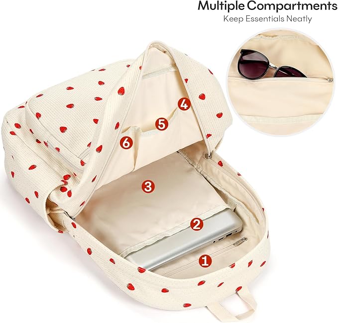 mibasies School Backpack for Girls with Laptop Sleeve: 18IN Large Capacity Corduroy Bookbag for Primary Middle School/College, Travel Daypack for Teens Women - Beige Strawberry