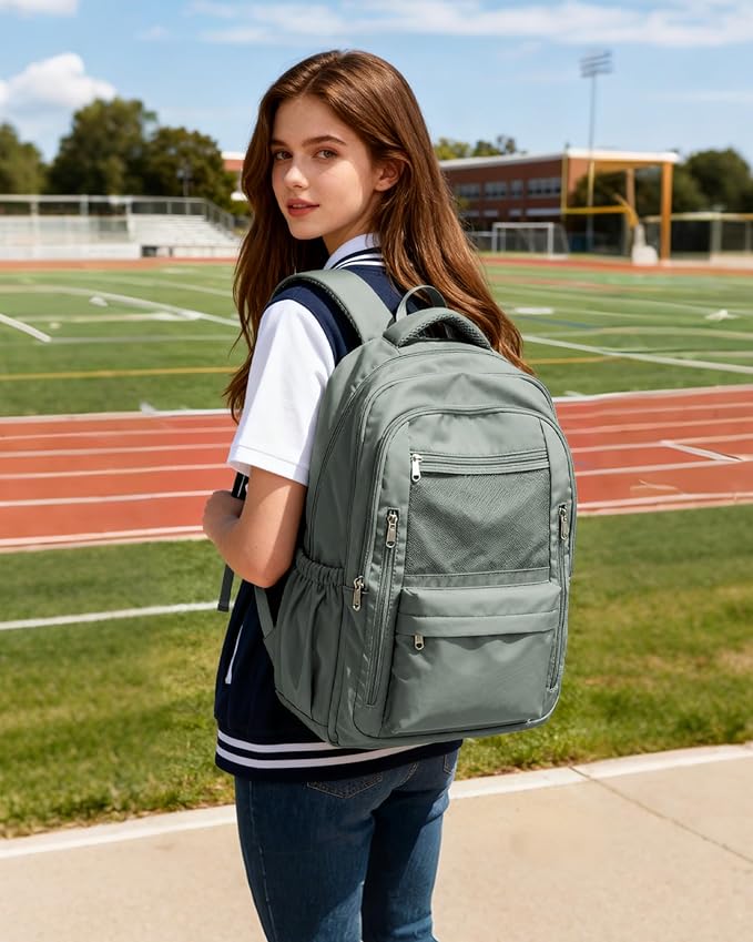 Cute High School Backpack for Women Men, Large Capacity Middle School Bag, Lightweight Bookbag for Teens Boys Girls, Waterproof College Backpack with lots of Pockets, Green