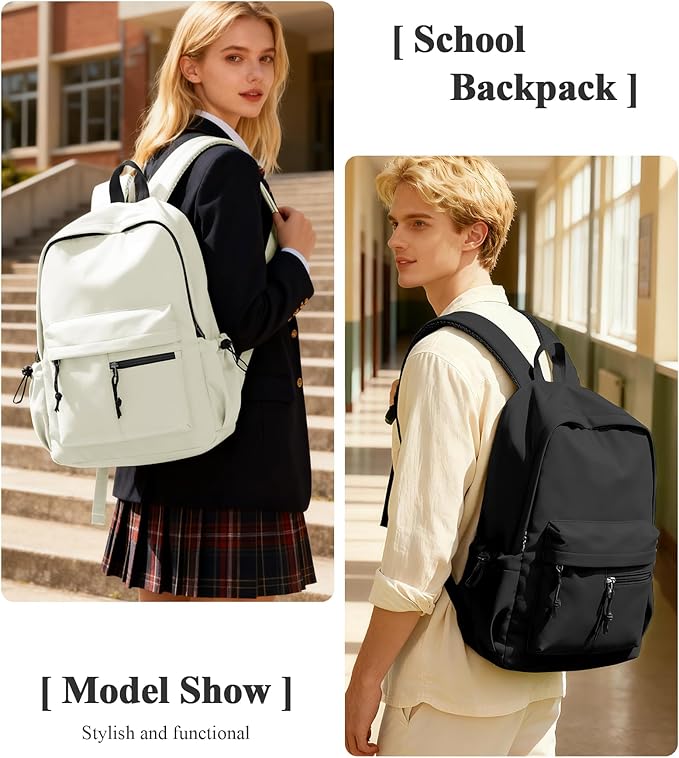 School Backpack for Girls Boys Bookbag Cute Aesthetic College Backpack Women Middle High School Teen Students Book Bag Lightweight Gym Work Laptop Casual Daypack Backpacks Men Beige