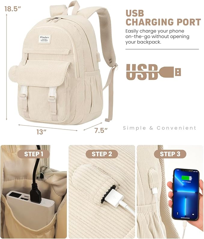 School Backpack for Teens, Large Corduroy Bookbag Cute 17.3 Inch Laptop Bag for Girls Women Lightweight Aesthetic High School College Back Pack for Student Nurse, Beige