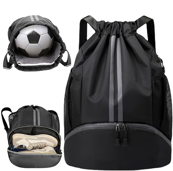 Drawstring Backpack,Waterproof Sports Gym Bag，Unisex Large Drawstring Bags with Wet and dry separation bag,football boot bag for Gym Sport Yoga School, Black, One Size