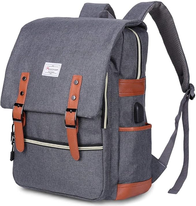Modoker Eco-Friendly Vintage Laptop Backpack for Women Men,Travel Backpacks with USB Charging Port Fashion Backpack Fits 15.6Inch Notebook, Grey