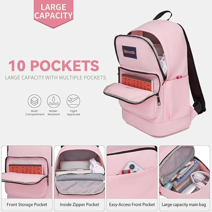 Classic Casual Backpack, Lightweight Daypack with 10 Pockets, Laptop Compartment, EVA Foam Pad (Dark pink)