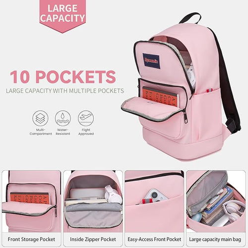 Classic Casual Backpack, Lightweight Daypack with 10 Pockets, Laptop Compartment, EVA Foam Pad (Dark pink)
