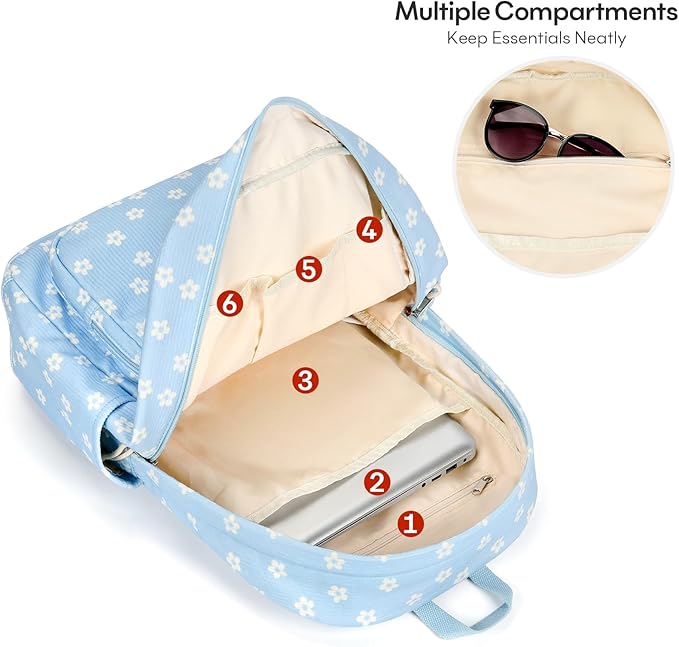 mibasies School Backpack for Girls with Laptop Sleeve: 18IN Large Capacity Corduroy Bookbag for Primary Middle School/College, Travel Daypack for Teens Women - Blue Flower