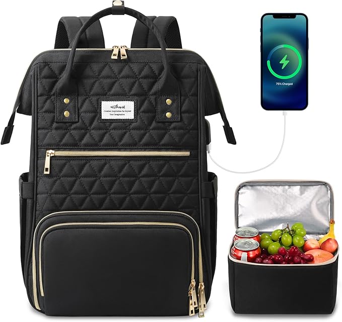 ETRONIK Lunch Backpack for Women, 17.3 Inch Laptop Backpack with USB Port, Stylish Nurse Backpack Teacher Work Bag with Insulated Cooler Lunch Box for Women Men/Travel, Black