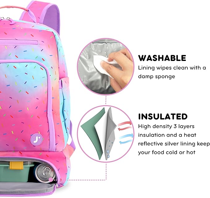 J World New York 2-in-1 Insulated Backpack Lunch Box for Kids. Adult School Bookbag, Confetti