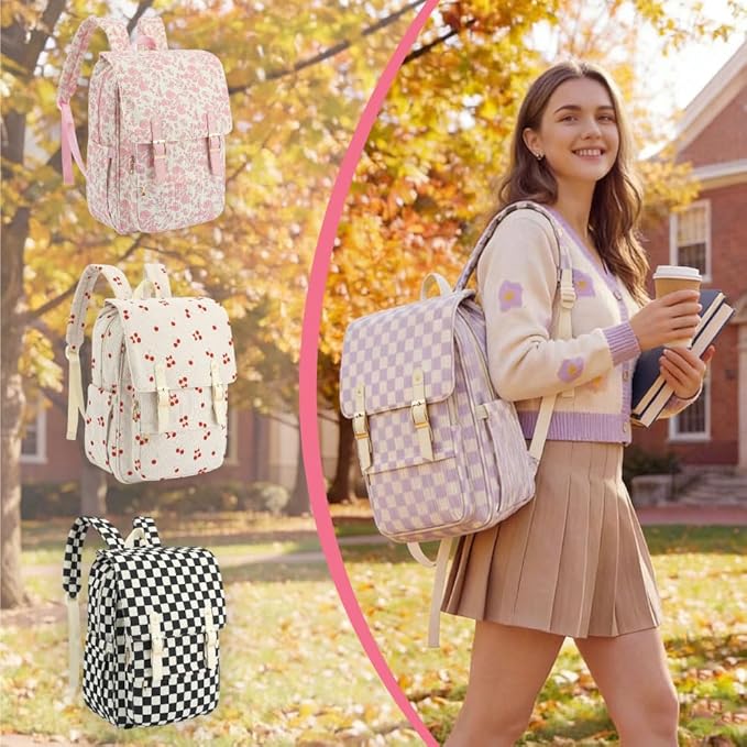 Women Laptop Backpack, Corduroy 15.6" Travel Backpack for Work College Business, Teacher Nurse Bag with Large Capacity School Bookbag Bags for Girls - Checkered Purple