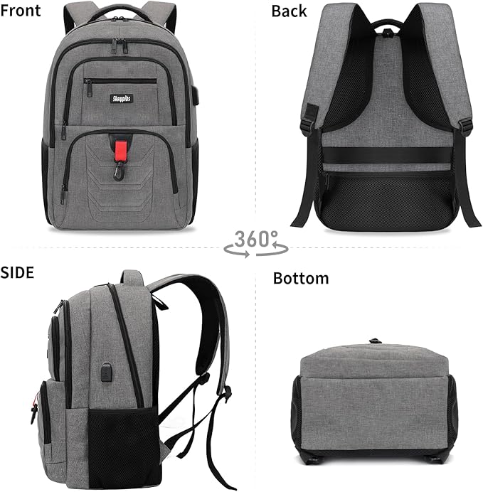 School Backpack for Boys Teens, Backpack for Men Women, 15.6 Inch Laptop Backpacks with USB Port, Water Resistent book bag, Work College Student Bookbag, back pack, Grey