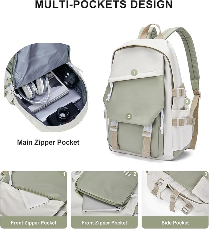coowoz School Backpack Kids College Aesthetic Cute Backpack Lightweight Casual Daypack Laptop Backpacks Men Women Rucksack Sport High Middle School Bookbag for Girls Boys Gray Green white