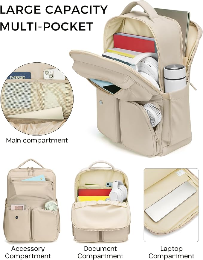 FODOKO Backpack for Work, Casual Backpack for Women Men Daypack Backpack for Travel College Bookbag Separate Compartment for 15.6 Inch Notebook Beige