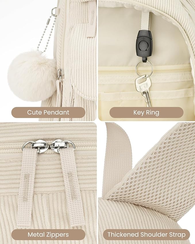 School Backpack for Teens, Large Corduroy Bookbag Cute 17.3 Inch Laptop Bag for Girls Women Lightweight Aesthetic High School College Back Pack for Student Nurse, Beige