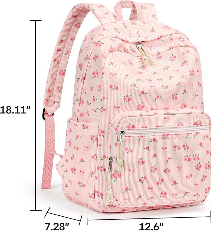 mibasies School Backpack for Girls with Laptop Sleeve: 18IN Large Capacity Corduroy Bookbag for Primary Middle School/College, Travel Daypack for Teens Women - Pink Flower Bow
