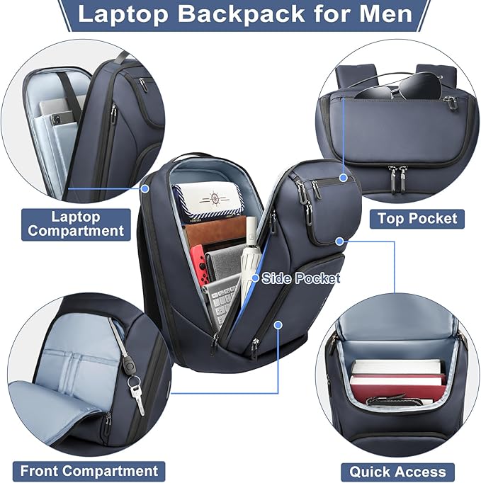 hk Business Smart Backpack for Men Anti-Theft for 17.3 Inch Laptop with USB Charging Port Water-Resistant Large Durable Compact 30L for Travel College Work-Deep Blue