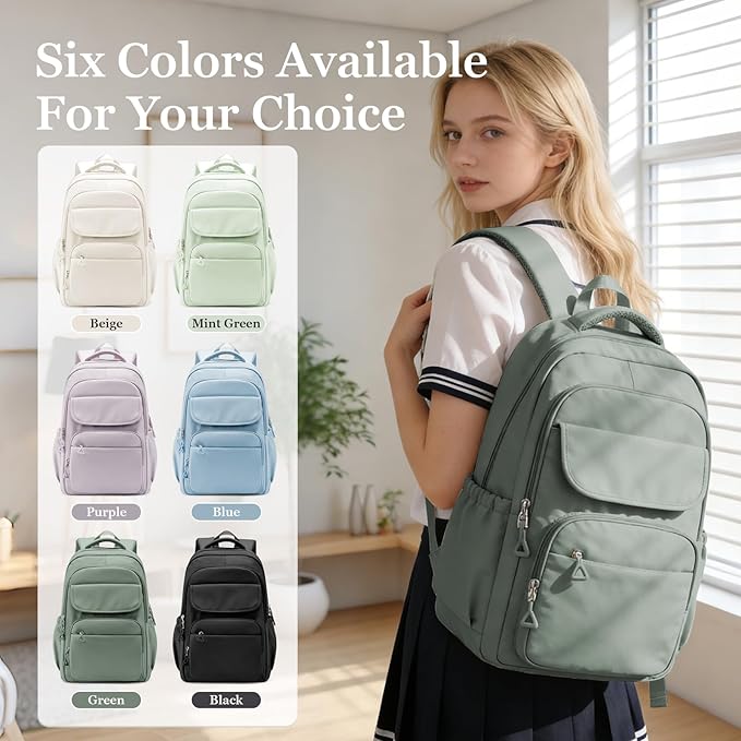 Cute School Backpack for Teens Girls Boys Waterproof School Bag Basic Backpack for College Students Multi Pocket Backpack Lightweight Casual Daypack Backpacks for Women Men（Green）