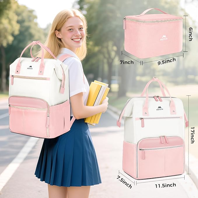 MATEIN Lunch Backpack for Women, 17.3 Inch Work Backpack with Laptop Compartment, College Computer Lunchbox Backpacks with Insulated Lunch box Meal Prep Bag for Teens Office Commute College, 2pcs Set