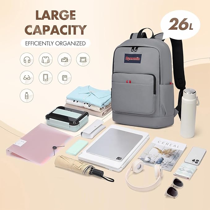 Classic Casual Backpack, Lightweight Daypack with 10 Pockets, Laptop Compartment, EVA Foam Pad (Grey)