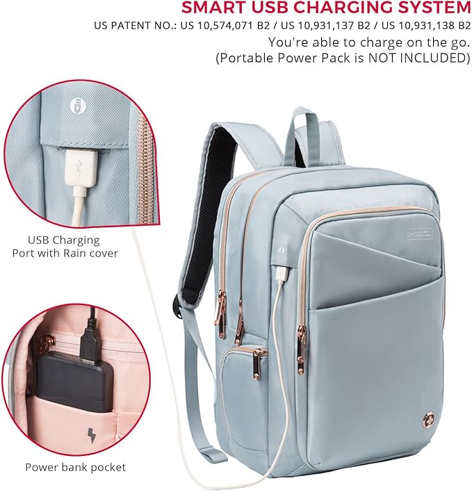 Swissdigital Design Laptop Backpack for Women with Apple Find My,Travel Bookbags with USB Charging Port，Computer Backpacks for Work Business,Teal Blue | SD1006FB-14