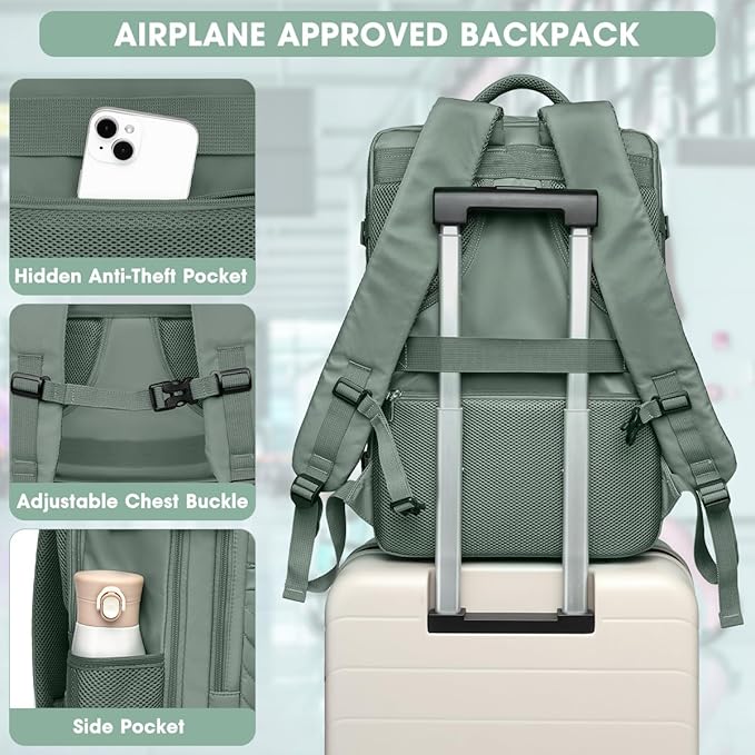Large Carry On Travel Backpack - Flight Approved Waterproof Luggage Suitcase Backpacks Personal Item Size for Women Men Fit 17 Inch Laptop College Overnight Bag Anti-Theft Weekender Daypack Dark Green