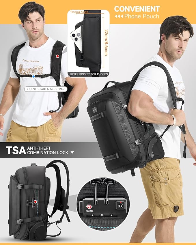 Backpack with wheels,Rolling laptop backpack with 2 Packing Cubes,Water-Resistant,Wheeled backpack Suitcase for Men Adults to Travel, Commuting,Black